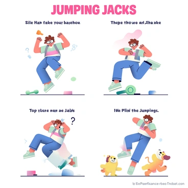 A comic strip features a clumsy character attempting to perform "jumping jacks." In the first panel, the character, with messy brown hair and oversized glasses, awkwardly jumps into the air with one arm raised high and one leg bent at an odd angle. In the second panel, the character loses balance, flailing their arms comically as they tip to one side, while a small dog watches with a puzzled expression. The third panel shows the character tumbling to the ground with a surprised look on their face, surrounded by scattered exercise equipment. In the final panel, the dog is now playfully attempting to mimic the jumping jacks, creating a lighthearted contrast.