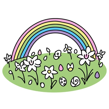 A vibrant rainbow arching across the sky above a green field. The field is densely filled with white Easter lilies, their petals opening wide. Scattered throughout the field are colorful Easter eggs in various patterns, including polka dots, stripes, and floral designs. The scene is bright and cheerful, emphasizing the beauty of spring and the celebration of Easter.