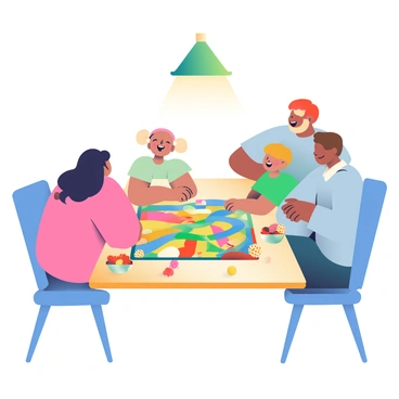 A family of four is gathered around a wooden table playing a colorful board game. The parents, a woman with dark hair and a man with light brown hair, are sitting at opposite ends of the table, both smiling. Their two children, a girl with curly hair and a boy with straight hair, are seated in the middle, excitedly leaning over the board. The board game features a vibrant landscape with various paths and spaces in bright colors. Colorful game pieces in red, blue, yellow, and green are scattered across the board. There are snacks in bowls on the table, including popcorn and fruit slices, adding to the lively atmosphere. A cozy lamp above the table casts a warm glow over the scene, enhancing the feeling of togetherness.