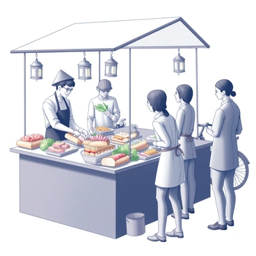 A vibrant street stall in Vietnam is set up with a vendor skillfully preparing "banh mi" sandwiches. The vendor is wearing an apron and a traditional conical hat while slicing fresh baguettes. A variety of colorful ingredients are displayed on the counter, including pickled vegetables, cilantro, and slices of grilled meat. Several eager customers are lined up, watching intently as the sandwiches are assembled. The scene captures the energy and hustle of the street, with surrounding elements like hanging lanterns and nearby bicycles adding to the lively atmosphere.