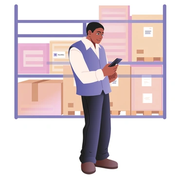 A worker is standing in a warehouse, checking the status of a shipment on a mobile device. The worker has medium skin and short black hair, wearing a blue safety vest over a white shirt and dark jeans. Shelves filled with cardboard boxes and pallets are visible in the background. The mobile device displays a screen with shipment details, and the worker is holding it in their right hand while looking at it intently. Soft overhead lighting illuminates the space, highlighting the organized rows of products in the warehouse.