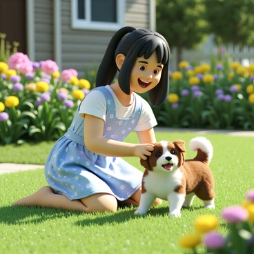 Ichinose is a girl with long black hair tied in a ponytail, wearing a light blue summer dress with white floral patterns. She is kneeling on the green grass, smiling widely as she plays with a small, fluffy brown and white dog. The dog has floppy ears and a wagging tail, looking excited and playful. The sunny backyard is filled with vibrant flowers in various colors, including pink, yellow, and purple, creating a lively and cheerful atmosphere. Bright sunlight casts soft shadows on the ground, enhancing the joyful scene.