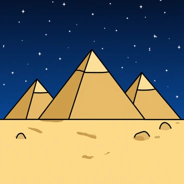 Three ancient pyramids of Giza standing tall against a deep blue starry night sky. The largest pyramid is in the center, with a smooth, sandy texture and distinct edges, while the smaller pyramids flank it on both sides. The sky is filled with twinkling stars, creating a vibrant celestial backdrop. A soft light casts shadows on the pyramids, highlighting their monumental structures. The desert sand stretches around the pyramids, with subtle ripples and small rocks scattered throughout.