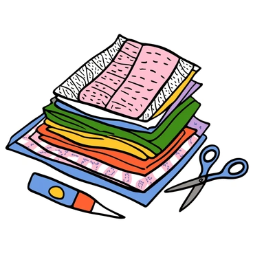 Close-up of a layered artwork featuring an arrangement of various materials such as textured paper with intricate patterns and colorful fabric swatches of different weaves. The layers are stacked creatively, showcasing a mix of pastel and vibrant colors. Scissors and glue are visible nearby, hinting at the process of crafting. The background is softly out of focus, emphasizing the detailed textures and colors of the layered materials in the foreground.