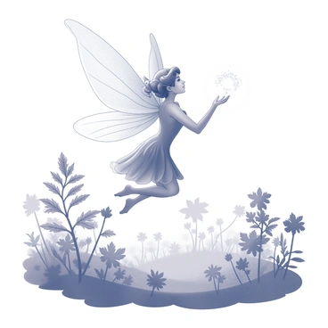 A fairy with delicate, intricate wings that appear to swirl and shimmer as she hovers above the forest floor. She is surrounded by an array of ethereal plants and trees, with leaves that have intricate patterns and textures. The fairy's hands are raised, and she is conjuring a spell, with sparkling light emanating from her fingertips. Soft mist blankets the ground, and faint silhouettes of other forest creatures can be seen in the background, adding to the enchanting atmosphere of the scene.