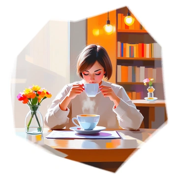 A customer with short brown hair is sitting at a wooden table in a cozy café, sipping a steaming cup of coffee. She is wearing a soft cardigan and has a focused expression as she fills out a feedback questionnaire. The table has a small vase with a fresh flower beside her coffee cup. There are warm, ambient lights hanging above, and soft textures of the café's interior create an inviting atmosphere. A bookshelf filled with books is visible in the background, adding to the warm ambiance.