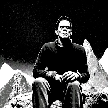 A large figure resembling Frankenstein's monster is sitting alone on a rocky mountaintop. The monster has distinctive stitched features and a massive frame. Its expression is contemplative as it gazes up at a sky filled with numerous stars. The backdrop includes jagged mountain peaks against the night sky. The scene captures the contrast between the rugged terrain and the vastness of the starlit sky.