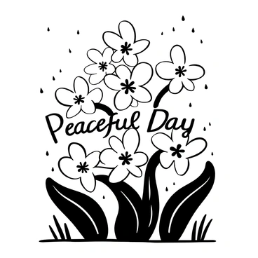 A cluster of honeysuckle flowers with delicate petals, gently dripping with rainwater. The flowers are surrounded by lush green leaves in a natural outdoor environment. Raindrops are visibly clinging to the petals, creating a fresh and vibrant scene. The background features soft outlines of other plants and grass, enhancing the tranquil atmosphere of the setting. The words "Peaceful Day" are displayed subtly within the scene.