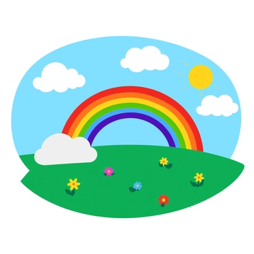 A bright rainbow arching across a clear blue sky filled with soft, fluffy white clouds. The rainbow features vibrant colors, transitioning smoothly from red to orange to yellow to green to blue to purple. Below, a lush green landscape glistens with droplets of water from a recent gentle rain shower. The ground is dotted with colorful wildflowers, adding detail to the scene. Sunlight shines down, illuminating the rainbow and creating a sense of warmth and cheerfulness.