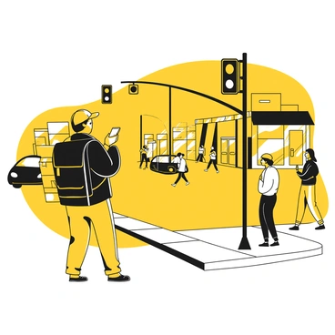A courier wearing a black jacket and yellow cap stands at a busy street corner. The courier has a large black backpack filled with various packages. People are walking by on the sidewalk, and there are vehicles driving on the road. In the background, there are storefronts and traffic lights, creating a sense of activity and movement in the scene. The courier is looking at a smartphone, seemingly checking directions.