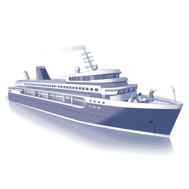 A large cruise ship is moving smoothly through calm waters. The ship has a multi-deck structure with numerous portholes and balconies. Passengers are scattered across the deck, some leaning on the railing while others are seated at outdoor tables. A few individuals are pointing towards the horizon, showing excitement. The sky above is clear, and the water reflects the ship’s structure, enhancing the overall scene.