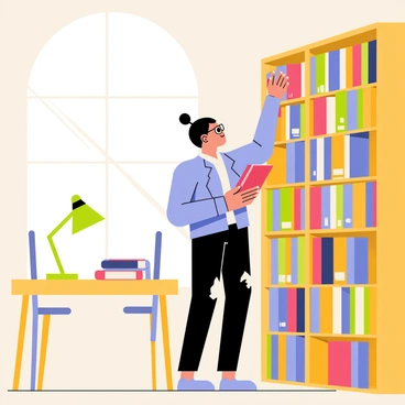 A librarian with glasses and a bun is shelving books in a quiet library. The librarian wears a light blue cardigan over a white shirt. There are tall wooden bookshelves filled with colorful books in the background. A green reading lamp sits on a wooden table nearby, and a few chairs are arranged around it. Sunlight filters through a large window, casting soft light across the floor. The librarian carefully places a red book on the shelf, organizing it by size.