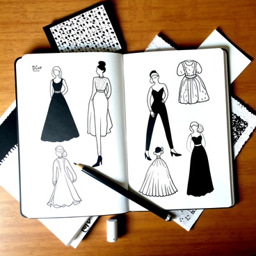 An open sketchbook lies on a wooden table, displaying several fashion illustrations inspired by Dior. The illustrations feature elegant silhouettes and intricate designs, each showcasing a distinct style. Next to the illustrations are assorted fabric swatches in various textures and patterns, some draped casually over the pages of the sketchbook. The setting includes a pencil and eraser resting beside the sketchbook, adding to the creative atmosphere.