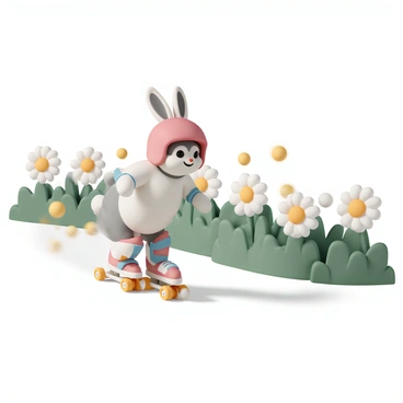 A sporty bunny, wearing a bright red helmet and colorful knee pads, is gracefully roller skating. The bunny has fluffy white fur with gray patches and its ears are perked up. It is zooming past vibrant green fields dotted with cheerful yellow and white daisies. The sunlight casts a warm glow over the scene, highlighting the motion of the bunny as it glides swiftly through the flowers. The bunny has a determined expression, showcasing its enthusiasm for skating.