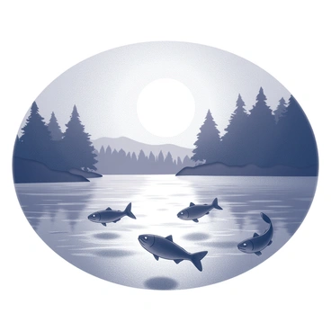 A group of fish swimming gracefully just below the surface of a lake. Their bodies create ripples in the water as they move. Above, the moonlight reflects off the surface, casting a shimmering pattern. The surrounding area is outlined by dark silhouettes of trees along the shoreline, creating a contrast against the illuminated water.