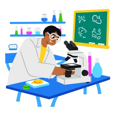 A scientist wearing a white lab coat and safety goggles is leaning over a microscope in a brightly lit laboratory. The microscope is detailed, with multiple lenses and a stage holding a glass slide. The scientist has short, dark hair and is focused on the specimen beneath the lens. Various colorful lab equipment, such as beakers and test tubes filled with liquids of vibrant hues, are scattered around the workspace. A chalkboard in the background features diagrams related to cellular processes. The overall scene conveys a sense of curiosity and exploration in a scientific setting.