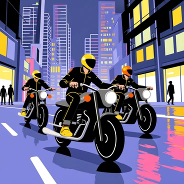 A group of motorcyclists riding on sleek black motorcycles navigate through a lively city at night. The streets are illuminated with vibrant neon lights, casting colorful reflections on the pavement. Skyscrapers tower in the background, their windows glowing with a mix of blues, pinks, and greens. The motorcyclists wear bright helmets and leather jackets, showcasing unique designs. A few pedestrians can be seen in the background, capturing the energetic atmosphere of a bustling urban environment.