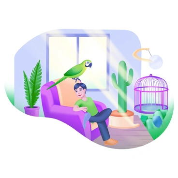 A sunlit room featuring a person sitting comfortably in an armchair. The person has an expression of joy while interacting with a vibrant green parrot perched on their shoulder. Sunlight streams through the window, casting soft shadows on the wooden floor. Various houseplants are arranged around the room, including a tall fern and a small cactus. A colorful birdcage is visible in the corner, with an open door inviting the parrot's freedom. The walls are adorned with light pastel colors, enhancing the warm atmosphere.