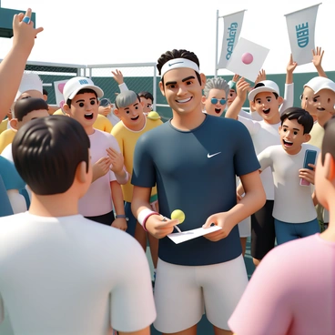 Roger Federer smiling and signing autographs for enthusiastic fans at a tournament.