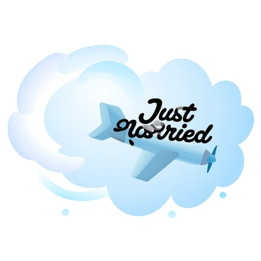 An airplane is flying through a bright blue sky. The airplane is trailing a long white smoke plume that curves elegantly, forming the words "Just Married." Fluffy white clouds surround the airplane, adding texture to the scene. The sunlight reflects off the airplane's wings, creating a shimmering effect.