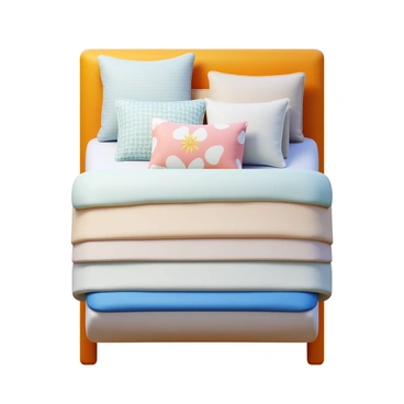 A cozy bed featuring a neatly arranged set of blankets and pillows in various layers. The top layer consists of a soft, light-colored comforter. Below that, there are patterned sheets adding texture to the ensemble. Multiple pillows in different sizes are positioned against the headboard, including a large decorative pillow with a floral design. The bed frame is upholstered in a warm fabric, enhancing the inviting atmosphere of the scene.