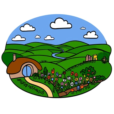 A panoramic view from the top of Bag End hill, showcasing the picturesque Shire below. Lush green fields stretch out in all directions, dotted with quaint hobbit holes with round doors and thatched roofs. In the foreground, there is a vibrant garden filled with colorful flowers and vegetables. The sky is bright blue with fluffy white clouds scattered throughout. In the distance, rolling hills create a serene landscape, and a winding river can be seen meandering through the fields. The scene conveys a peaceful and idyllic rural environment.