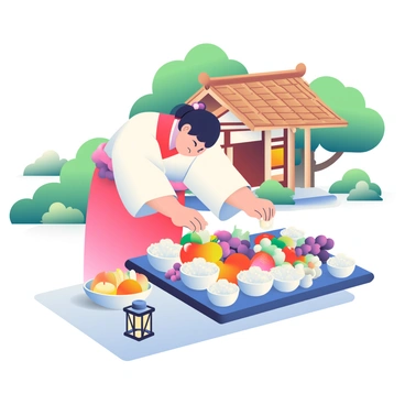 A miko, wearing a traditional white kimono with red accents, is carefully arranging an offering table at a Shinto shrine. The table is adorned with an array of fruits, including shiny apples, vibrant oranges, and clusters of grapes, alongside bowls of perfectly cooked white rice. The shrine's wooden structure, adorned with intricate carvings and a thatched roof, stands in the background. Lush green trees surround the shrine, and there are small stone lanterns placed around the offering table, casting soft shadows on the ground. The miko is bending slightly, focusing on the arrangement, with a serene expression.