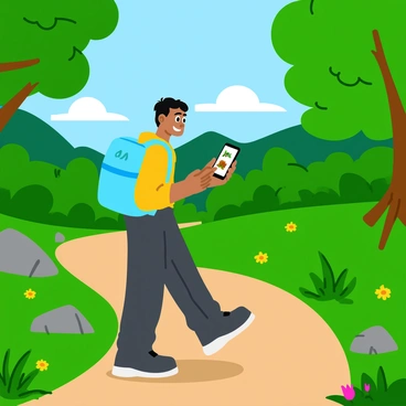 A person hiking on a trail surrounded by lush green trees and vibrant wildflowers. The individual, wearing a light blue backpack and comfortable hiking gear, is holding a smartphone in one hand, displaying a nature identification app with images of plants and animals. Sunlight filters through the leaves, casting dappled shadows on the ground. The hiker is focused on the phone, leaning slightly forward with a look of curiosity. In the background, a scenic view of rolling hills and a clear blue sky can be seen.