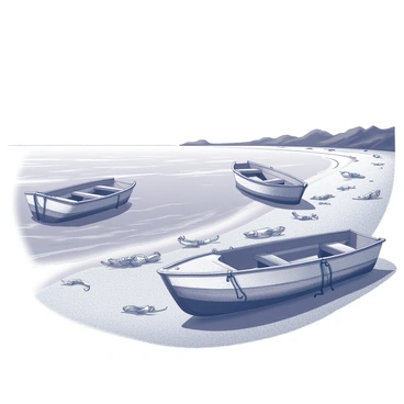 A once vibrant ocean now appears barren and desolate. The water is calm, with a few ripples disturbing the surface. In the foreground, several empty fishing boats rest on the water, their hulls worn and weathered from years of use. Some boats have nets tangled and hung over the sides, indicating their previous function. The shoreline is visible in the distance, with remnants of marine life scattered along the sand, highlighting the impact of overfishing. The sky is overcast, giving a somber feel to the scene, emphasizing the emptiness of the ocean.