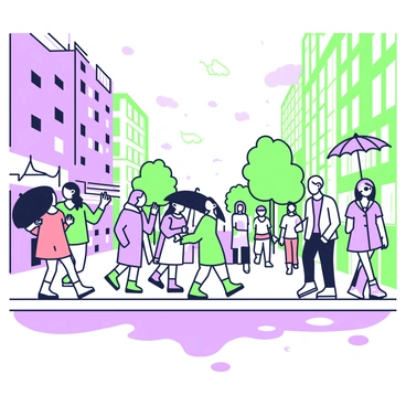 A busy city street is filled with pedestrians navigating through varying weather conditions. On one side, a group of people is walking with umbrellas open, shielded from the rain that is falling in their vicinity. They are dressed in colorful raincoats and rubber boots, with droplets of water forming puddles on the pavement. On the other side of the street, another group of pedestrians is enjoying the sunshine, wearing light clothing and sunglasses. The contrast between the two groups highlights the unusual weather, with dark rain clouds looming over one section while bright sunlight illuminates the other. Tall buildings, with windows reflecting the sunlight, surround the street, adding to the urban atmosphere.
