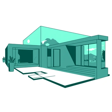 A teal sleek minimalist home with large glass windows that reflect the surrounding landscape. The facade is smooth and modern, showcasing clean lines and a simple design. In front of the home, there is an open courtyard with a smooth white stone pathway leading to the entrance. The courtyard is adorned with a few carefully placed potted plants, offering touches of greenery. The sky above is clear, allowing sunlight to cast soft shadows across the courtyard.