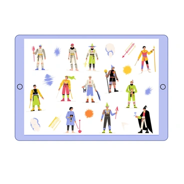 A large board displaying an array of character designs. Each character showcases a unique style, including a tall warrior wearing shining armor, a small wizard with a pointed hat and a glowing staff, and a stealthy rogue in dark clothing. The board is filled with colorful sketches, with some characters posed dynamically, demonstrating their personalities and abilities. Various accessories, like weapons and magical items, accompany each design, adding depth to the illustrations.