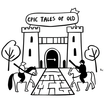 A book cover featuring an ancient castle with tall towers and a large wooden door at its entrance. In front of the castle, a group of knights in armor on horseback are gathered, holding their swords. A banner with the words "Epic Tales of Old" is displayed above the castle. There are trees in the background, and the ground is covered with cobblestones leading to the castle. The overall composition conveys a sense of history and adventure.