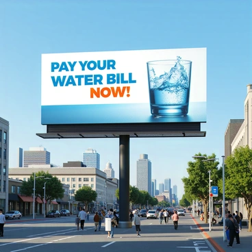 A large, rectangular billboard towers over a bustling city street. The billboard displays an advertisement for a water bill, featuring bold text that reads "Pay Your Water Bill Now!" in bright colors. Below the text, there is an image of a clear, sparkling glass of water, condensation glistening on its surface. The background consists of the urban skyline, with various buildings and a clear blue sky. People can be seen walking along the street, some glancing up at the billboard.