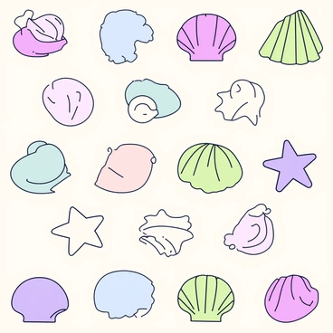 A repeating pattern design featuring multiple types of seashells, including scallop shells, conch shells, and starfish. The seashells are illustrated in soft pastel colors such as light pink, mint green, pale blue, and lavender. Each seashell is depicted with smooth lines and minimal details, arranged uniformly to create a harmonious and balanced composition. The background is a gentle off-white to enhance the pastel hues of the shells.