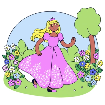 A young princess with long flowing hair is twirling gracefully in a stunning ballgown that features intricate floral patterns. The gown has a full skirt that sways elegantly as she moves. She is surrounded by a vibrant blooming garden filled with colorful flowers in various shapes and sizes. The garden is lush and green, with tall trees providing a light shade. Above, the sky is clear and blue, creating a bright atmosphere around the scene.
