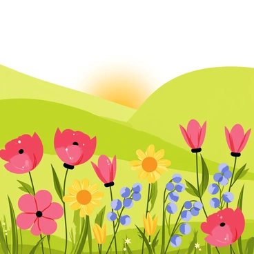 A field of various colorful flowers glistening with dew drops, reflecting light in the early morning sun. The flowers include red roses, yellow daisies, and bluebells, creating a vibrant display. In the background, a soft gradient sky transitions from deep blue to warm orange as the sun begins to rise. The landscape features gently rolling green hills, creating a sense of calm and tranquility. The dew drops on the petals enhance their vivid colors, while small blades of grass are also covered in dew, contributing to the fresh morning atmosphere.