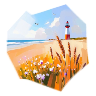 A coastal wheat field with tall golden stalks swaying gently in the breeze, catching the sunlight. In the background, a lighthouse stands prominently on the horizon, its white and red stripes contrasting against the clear blue sky. The field extends towards the shoreline, where gentle waves lap at the sandy beach. Small patches of wildflowers in shades of yellow and purple can be seen scattered among the wheat. The scene conveys a sense of openness and tranquility, with birds soaring overhead.