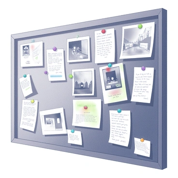 A bulletin board is prominently displayed, filled with various printed illustrations and pinned notes. The illustrations showcase diverse artwork, each one distinct in style and subject matter. The pinned notes vary in size and shape, some handwritten while others are typed, expressing feedback from viewers. The notes are tacked onto the board with colorful pushpins, creating a visually dynamic arrangement. The board itself has a textured surface, adding depth to the scene.
