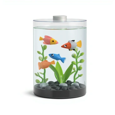A fish tank made of clear glass, filled with water. Inside, there are robotic fish of various shapes and sizes, each exhibiting unique designs and colors. Some fish are sleek and streamlined, while others have more elaborate forms resembling tropical fish with vibrant patterns. The tank has small pebbles at the bottom and aquatic plants for decoration. A gentle bubble filter can be seen creating movement in the water, enhancing the dynamic environment for the robotic fish as they swim gracefully around the tank.