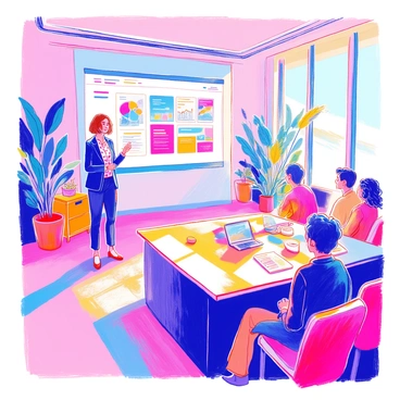 A presenter with short brown hair, wearing a navy blue blazer and a patterned shirt, stands in front of a large screen displaying a "bright and colorful slide deck." The slide deck has various graphs, images, and bold text. The modern conference room is filled with sleek furniture, including a long rectangular table and comfortable chairs. Large windows allow natural light to fill the room, and there are potted plants in the corners. The audience, a diverse group of people, is seated at the table, attentively watching the presentation.