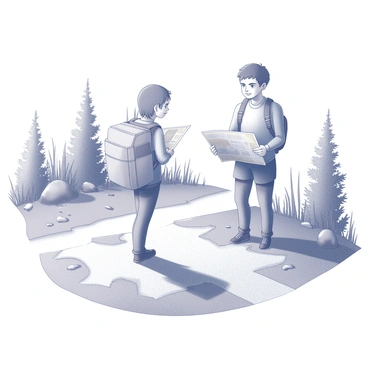 A backpacker is standing at a crossroads, holding a map in their hands. The figure is wearing a rugged backpack, complete with various straps and pockets, suitable for outdoor adventures. The crossroads features a dirt path diverging in multiple directions, lined with tall grass and small rocks. Surrounding the area are trees and shrubs, creating a natural frame for the scene. The backpacker's face displays a sense of determination and curiosity as they study the map, contemplating their next move.