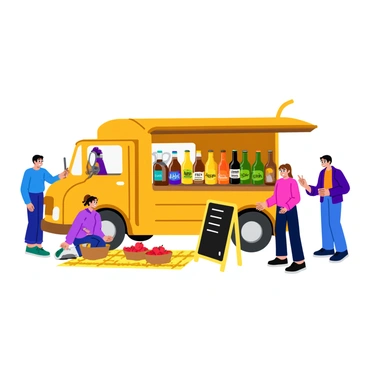 A quaint wooden truck with a rustic design showcasing "artisanal cider varieties." The truck has an open side displaying colorful labels of different cider bottles. There are several glass bottles lined up, each with unique shapes and vibrant colors. A small chalkboard sign propped up next to the truck lists the available flavors in bright white chalk. The truck is surrounded by fresh apples in baskets, and the ground is covered with a patterned picnic blanket. Several people are browsing the selection, enjoying the lively atmosphere of the local farmer's market.