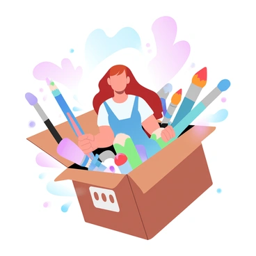 An open illustration box is filled with various art supplies such as brushes, colored pencils, and tubes of paint. The box has a wooden texture and is overflowing with vibrant colors. Emerging from the box is a Nami character, depicted with her signature orange hair and wearing a stylish outfit. She is holding a paintbrush and surrounded by splashes of color. The background features a gradient of pastel colors that enhances the lively scene.