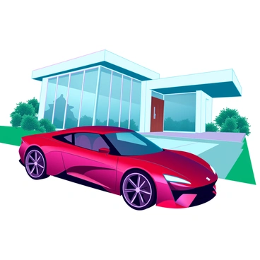 A shiny red sports car with sleek curves and glossy paint is parked in front of a modern house. The house features large floor-to-ceiling windows, allowing ample natural light to pour into the living space. The architecture is minimalistic, with clean lines and a flat roof. The driveway is paved with smooth stone, leading up to the entrance of the house, which has a contemporary wooden door. Lush green landscaping surrounds the property, adding contrast to the bold red of the car and the neutral tones of the house.