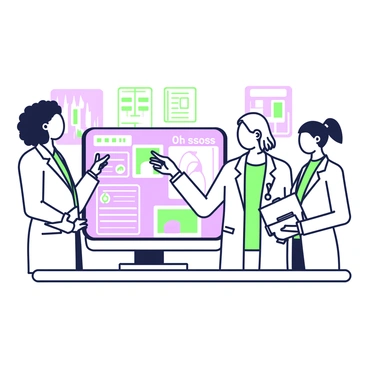 A diverse medical team is gathered around a digital screen in a well-lit examination room. The team includes a woman with curly black hair, wearing a white lab coat, who points at the screen displaying the breast abscess case. Next to her, a man with short brown hair, also in a lab coat, is taking notes on a clipboard. A third team member, a woman with straight blonde hair tied back, is looking attentively at the screen, adjusting her glasses. The digital screen shows a visual representation of the breast abscess, along with annotated medical data and graphs. In the background, medical equipment and charts are visible on the walls, contributing to the clinical setting.