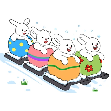 A group of four bunnies with fluffy white fur and long ears are joyfully sledding down a snowy hill. Each bunny is sitting on a large, colorful Easter egg that has a unique decoration: one egg is bright blue with yellow polka dots, another is pink with green zigzags, the third is orange with purple stripes, and the last is a vibrant green with red flowers. The bunnies are smiling wide, displaying their teeth and sparkling eyes as they glide down the slope. Snowflakes are gently falling around them, adding to the fun atmosphere. In the background, there are small patches of grass peeking through the snow, with a few colorful flowers starting to bloom.