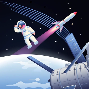 An astronaut in a white space suit is floating outside a large silver space station. The astronaut is facing the camera, with a clear helmet that reflects distant stars and the curvature of Earth below. In the background, a sleek rocket is zooming past, leaving a trail of shimmering sonic waves in the vacuum of space. The waves are visualized as vibrant blue and purple ripples radiating outward from the rocket. Stars twinkle in the deep black expanse of space, adding depth to the scene. The space station appears detailed, with solar panels and various modules visible.