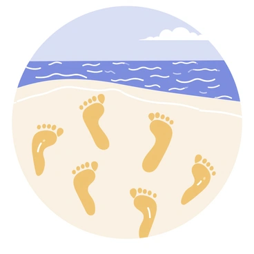 Footprints in the sand forming heart shapes leading towards the ocean waves