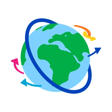 A spinning globe featuring various countries vividly colored in blue and green. Survey arrows in bright colors extend outward from the globe, pointing to specific countries such as "Brazil," "China," "Australia," and "France." Each arrow is designed with a bold, cartoonish style, and the countries highlighted are encircled with dynamic lines to emphasize their importance. The globe is shown rotating gently, creating a sense of movement in the image.